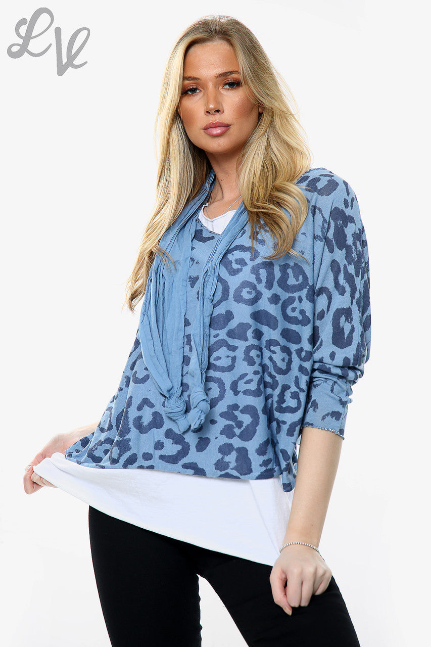 Dames Top met Luipaardprint en bijpassende Sjaal Denim Normale prijs € 13,99 NU € 6,99