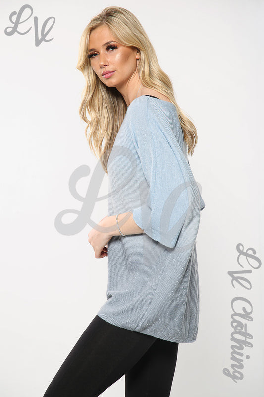 Light blue fine knit jumper top with wide sleeves and rounded neckline