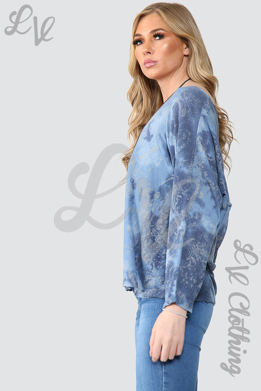 Dames Acid Wash Top met Glittereffect en Ketting Denim - Prijs per stuk € 10,99