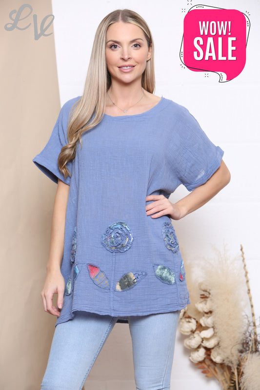 Ladies Patchwork Flowers Hem Top Denim