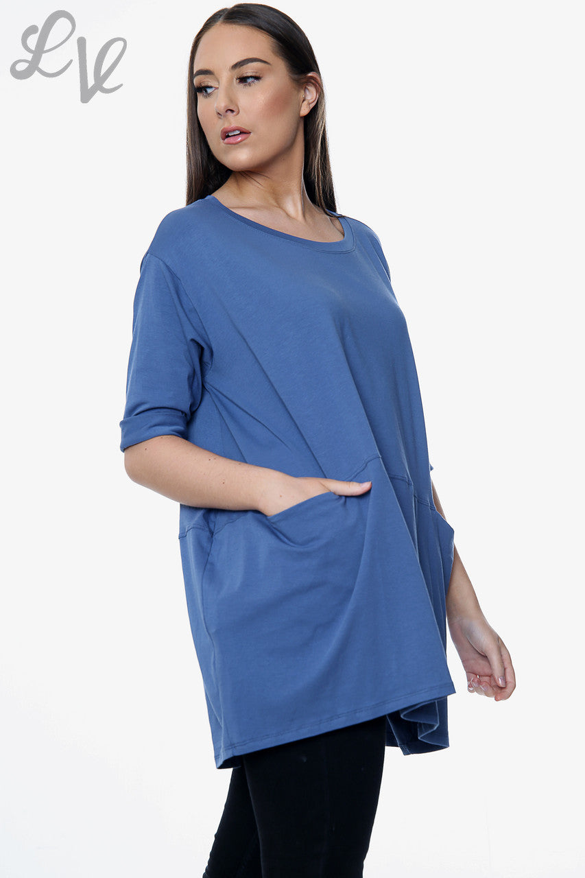 Dames effen top met zakken denim Stukprijs € 8,99