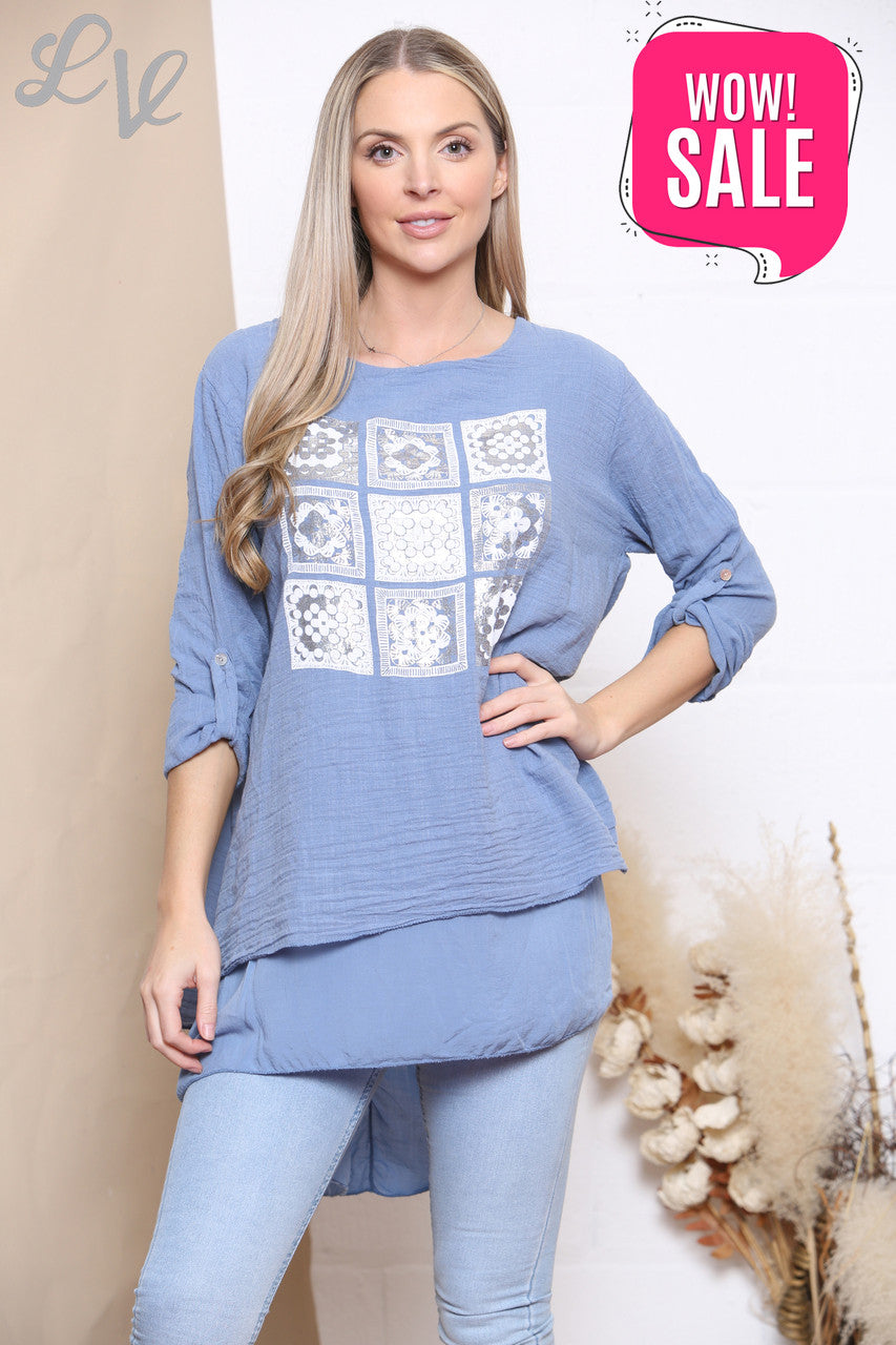 Dames Top Met Mozaïekprint Jeansstof