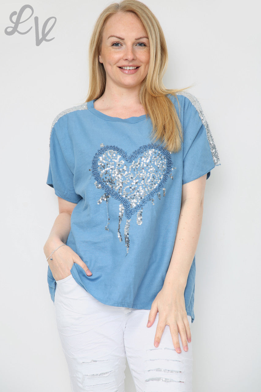 Ladies Sequin Love Heart & Shoulder Top Denim Unit Price £8.99