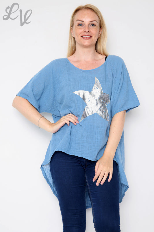 Ladies Foil Star Floaty Top Denim Unit Price £9.99