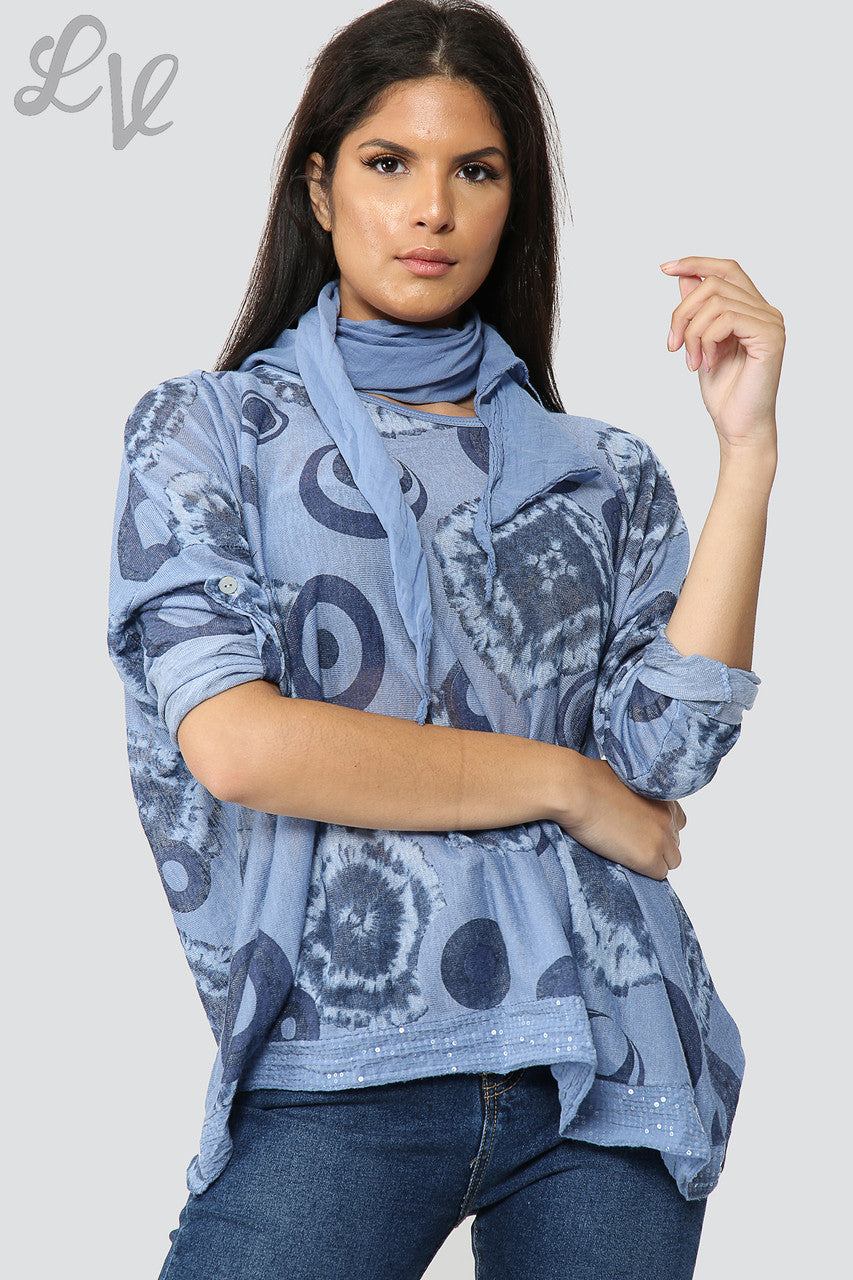Dames Tie Dye & Cirkel Print Sjaaltop Denim - Prijs per stuk €8,99