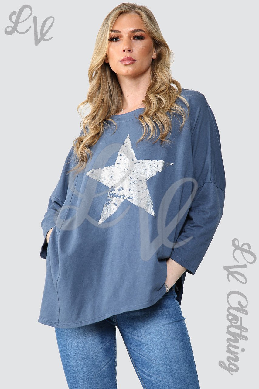 Dames Zilverfolie Ster Oversized Tuniek Top Denim - Stukprijs WAS €11,99 NU €5,99
