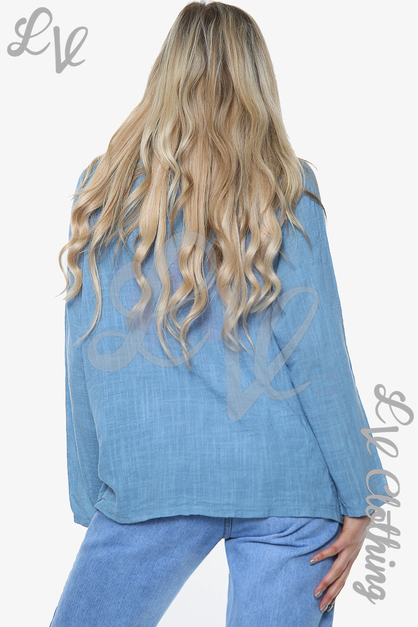 Dames Paardebloem Top Lange Mouw Denim Stukprijs €10,99