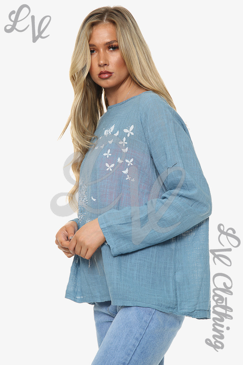 Dames Paardebloem Top Lange Mouw Denim Stukprijs €10,99