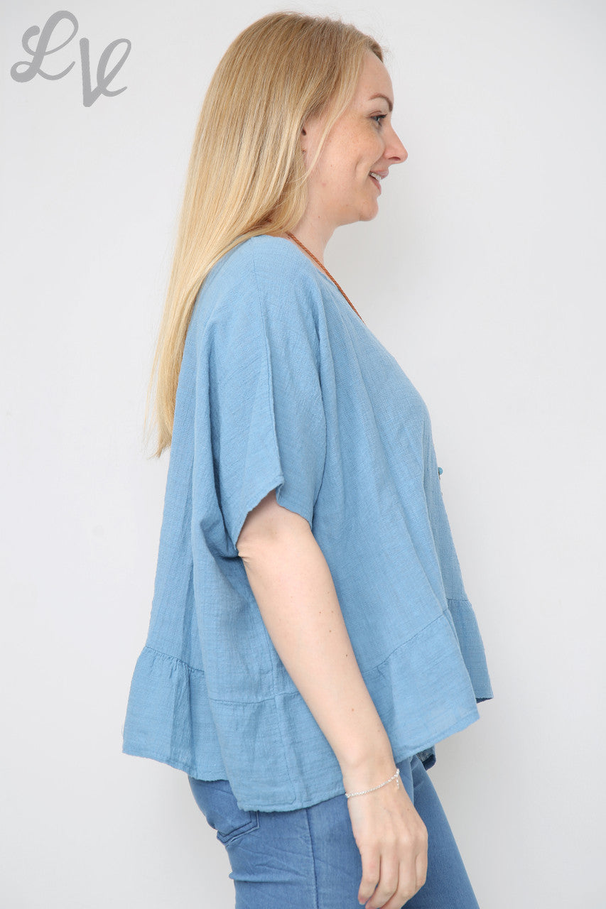Dames frill zoom top met ketting spijkerstof