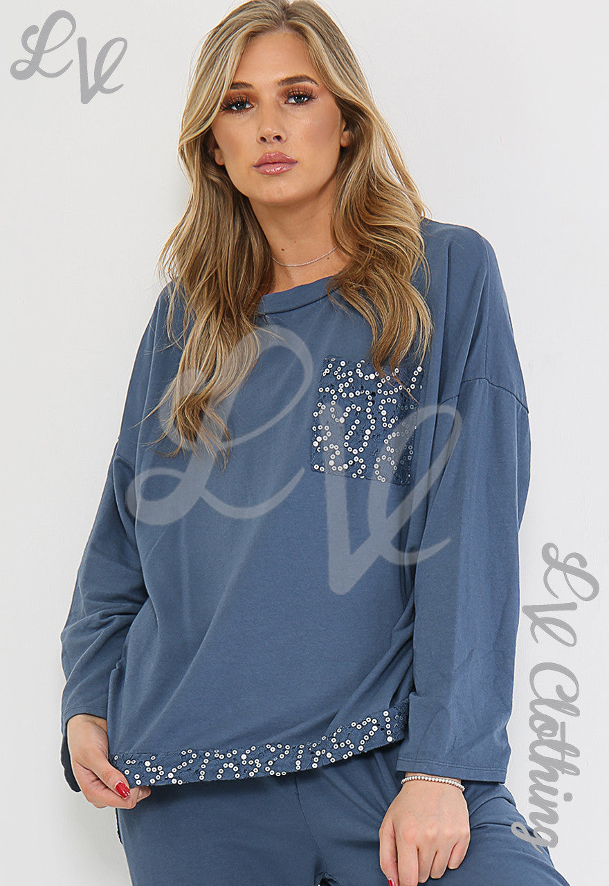 Dames pailletten detail sweatshirt top denim - stuksprijs €10,99