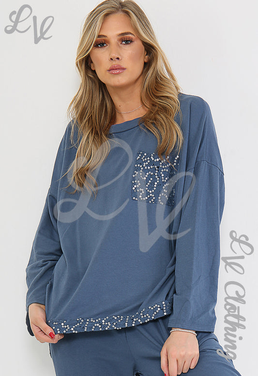 Women's blue sequin detail sweatshirt with sparkle logo on chest and hem