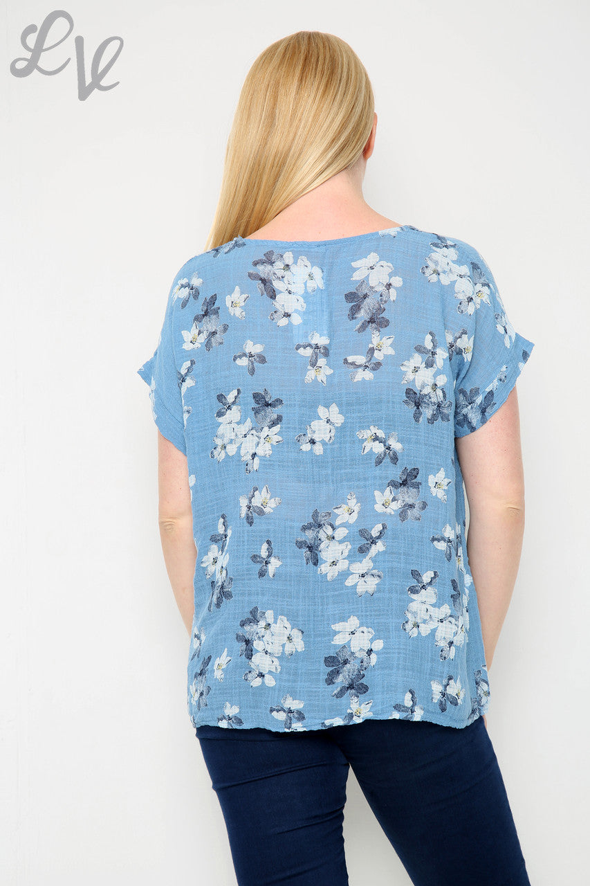 Dames Top Met Bloemenprint En Denim