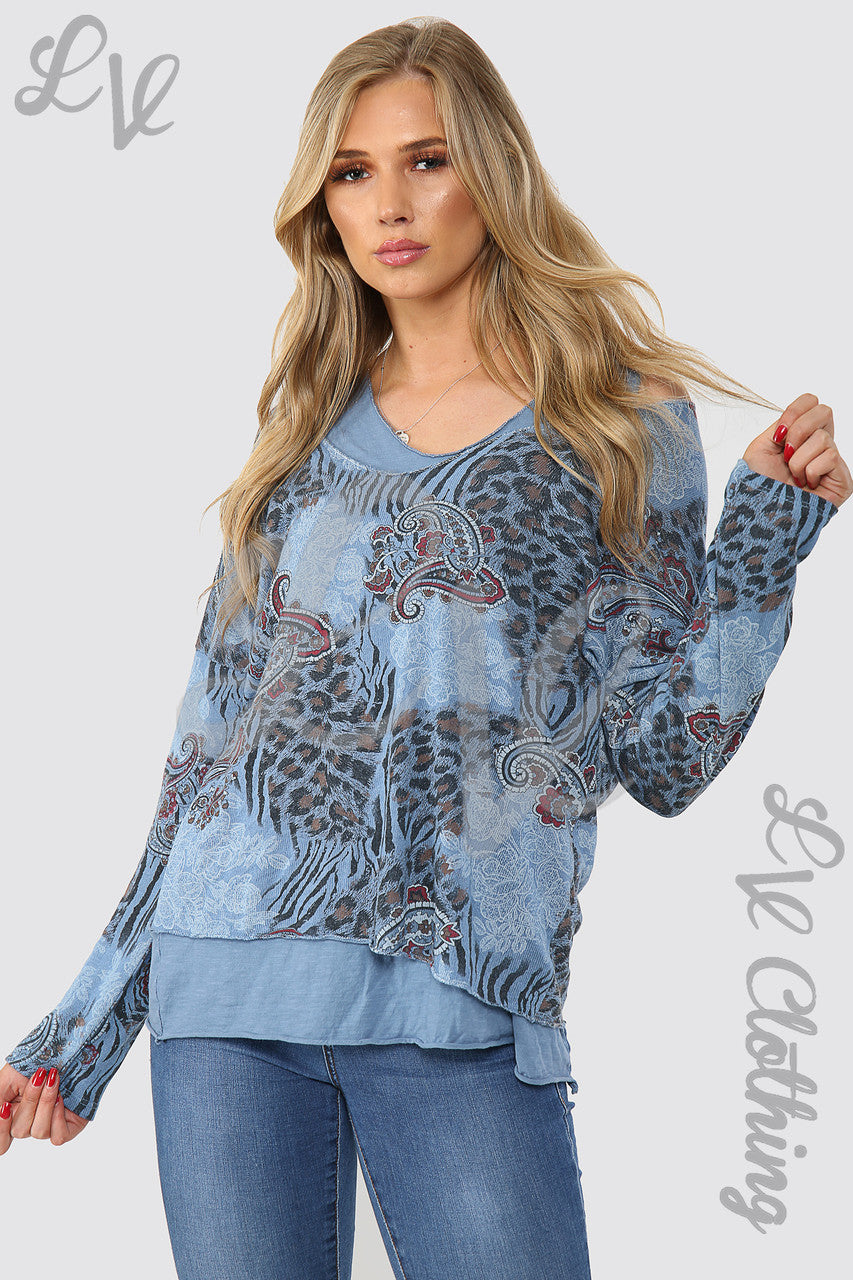 Dames Mixprint 2-laags Top Denim - Stukprijs €12,99