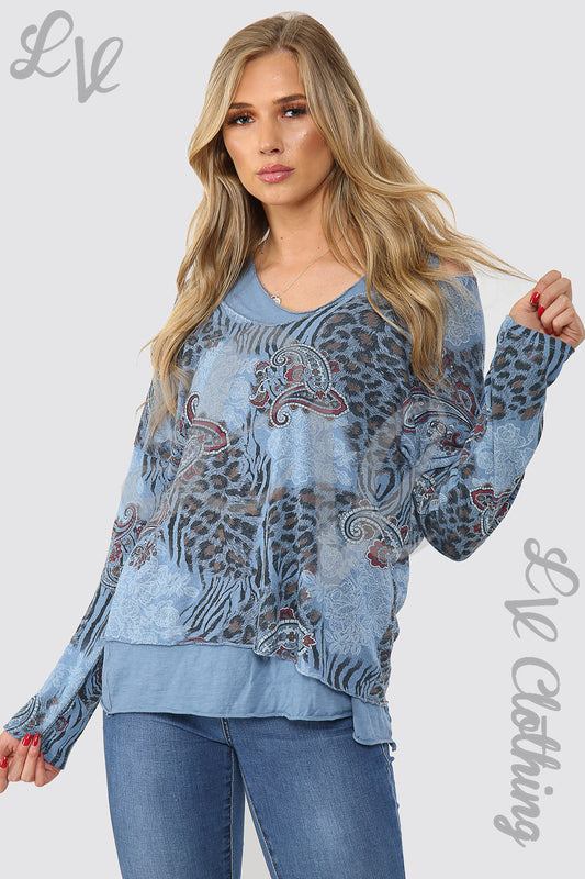 Blue two-layer printed long-sleeve top with round neckline, ornate paisley pattern