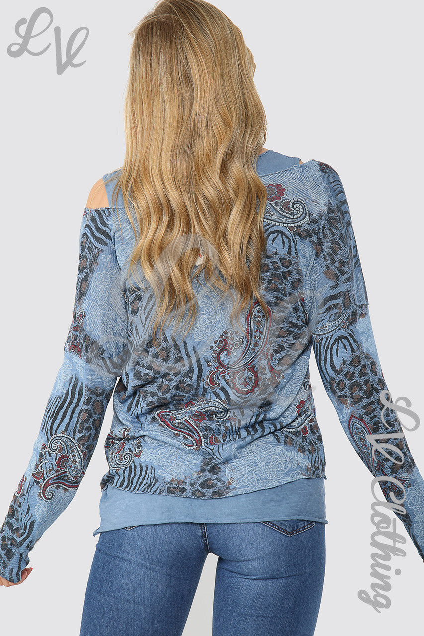 Dames Mixprint 2-laags Top Denim - Stukprijs €12,99