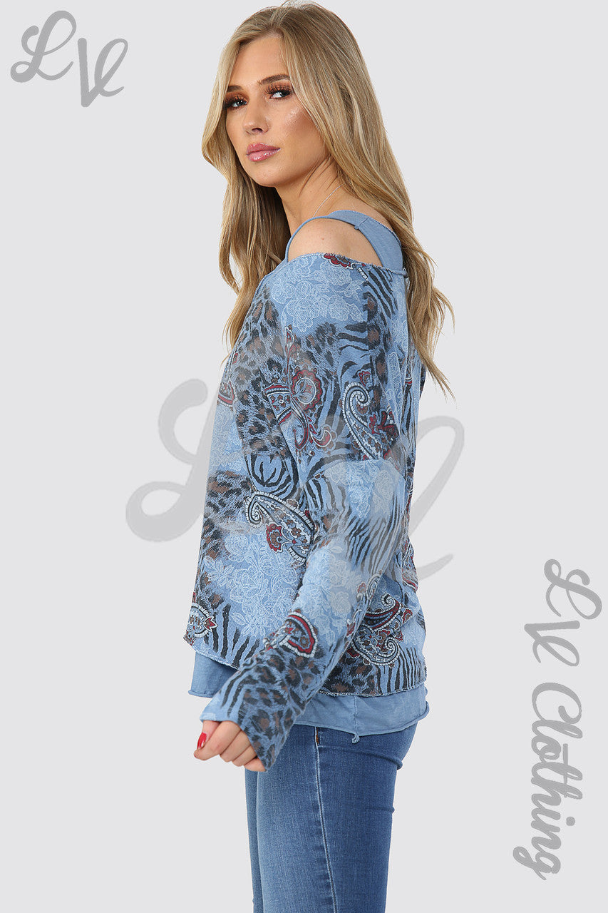 Dames Mixprint 2-laags Top Denim - Stukprijs €12,99