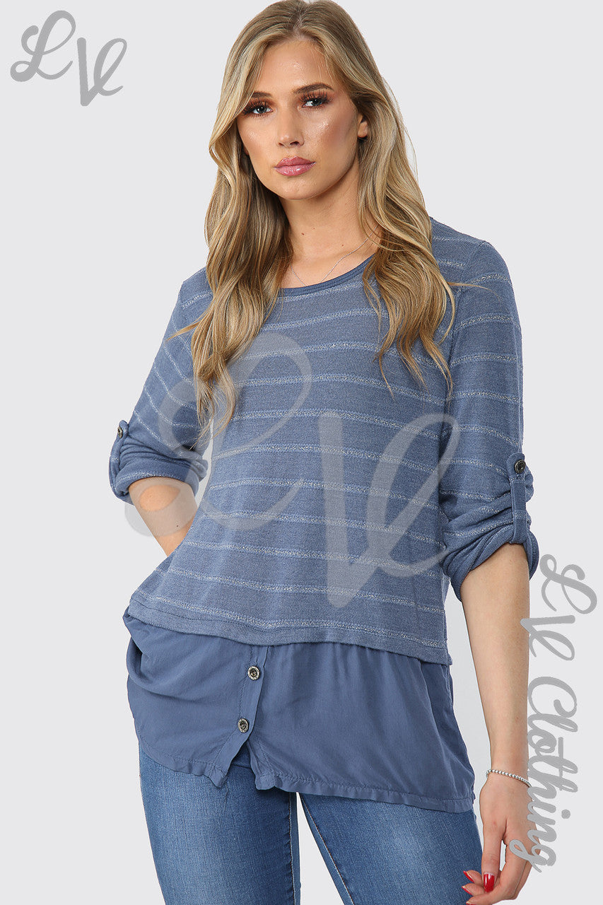 Ladies Lurex Stripe Top With Button Detail Denim - Unit Price £12.99