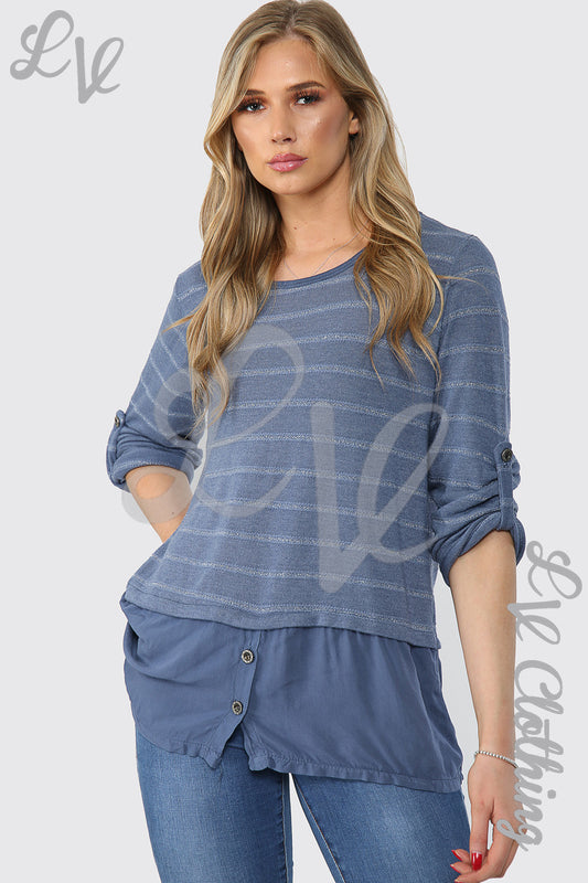 Denim blue lurex stripe top with round neckline and buttoned hem