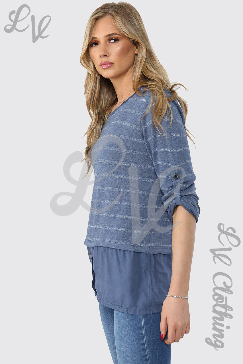 Ladies Lurex Stripe Top With Button Detail Denim - Unit Price £12.99