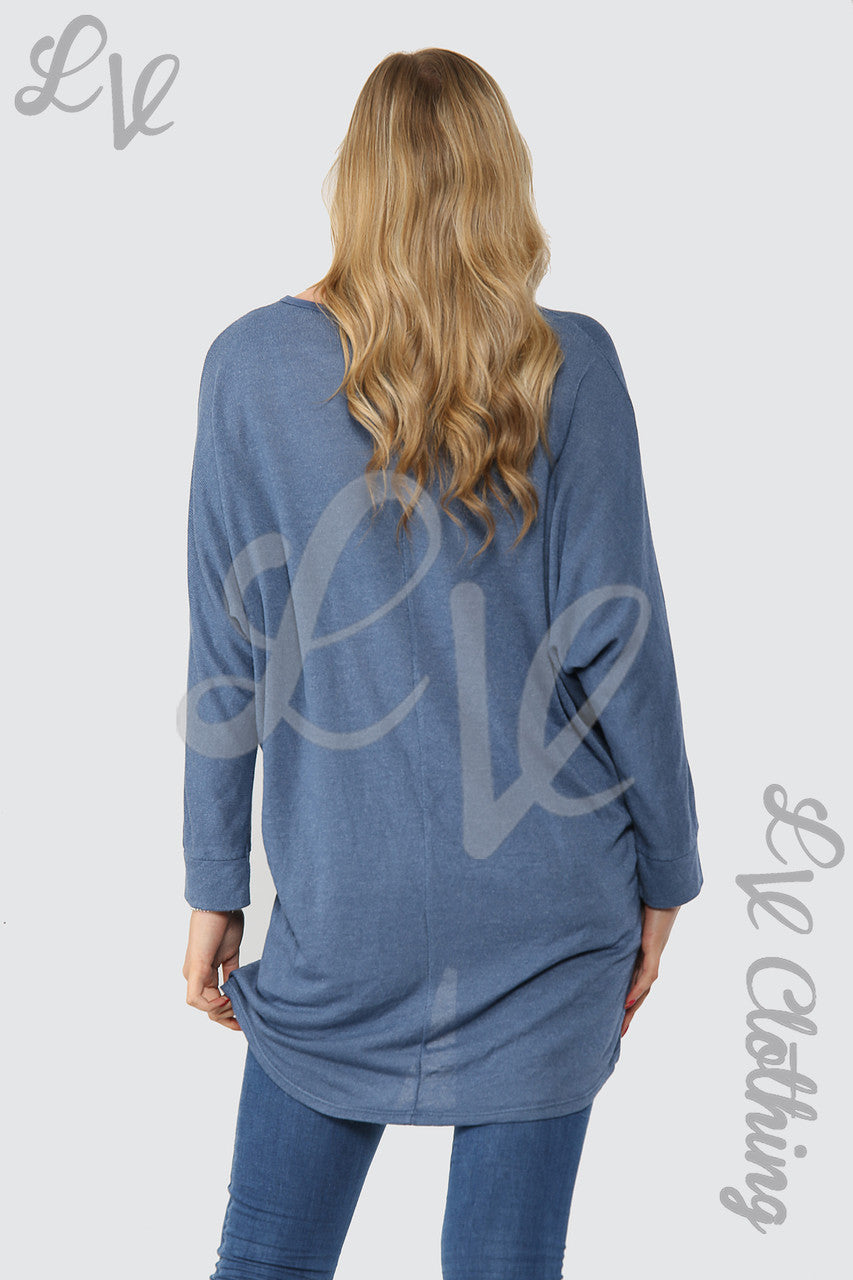 Ladies Plain Hi Lo Fine Knit Tunic Top Denim - Unit Price WAS £12.99 NOW £4.99