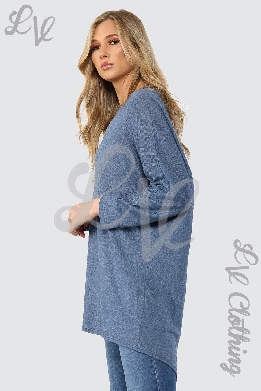 Ladies Plain Hi Lo Fine Knit Tunic Top Denim - Unit Price WAS £12.99 NOW £4.99