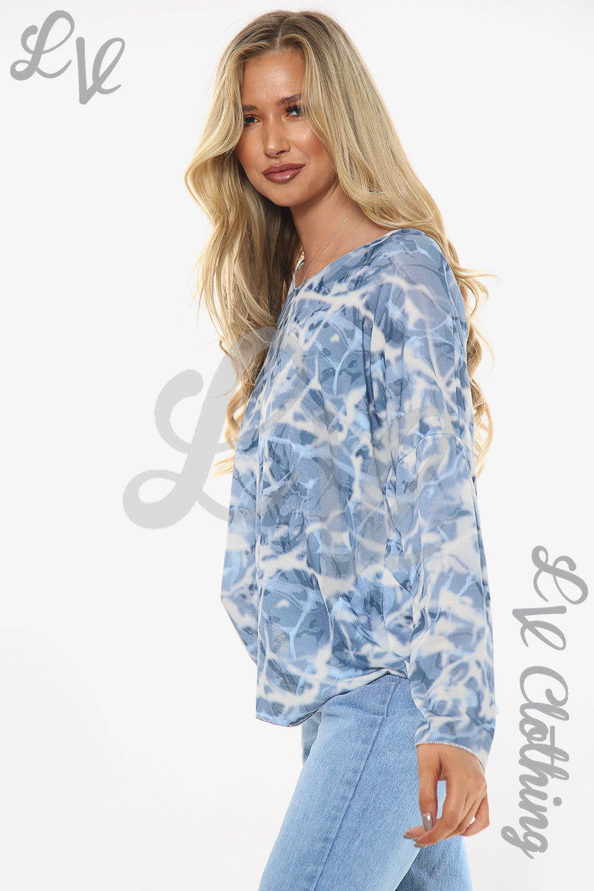 Dames Marmerlook Print Top Denim Stukprijs WAS £10,99 NU £5,49