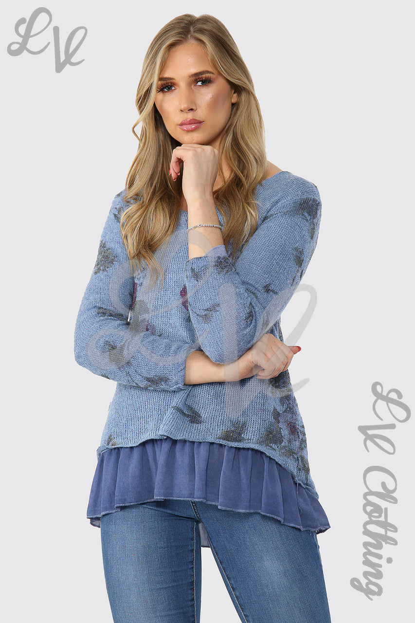 Ladies Floral Knitted Double Layer Top Denim Unit Price £13.99