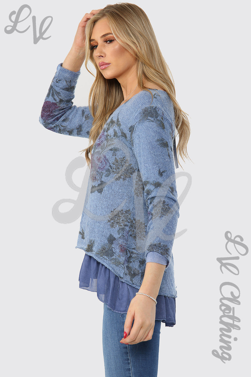 Ladies Floral Knitted Double Layer Top Denim Unit Price £13.99