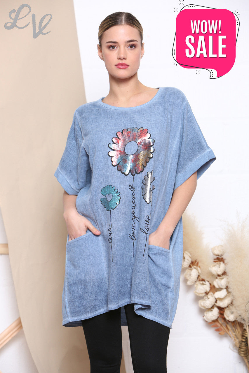 Dames Folie Bloemenprint Top met Zakken van Denim