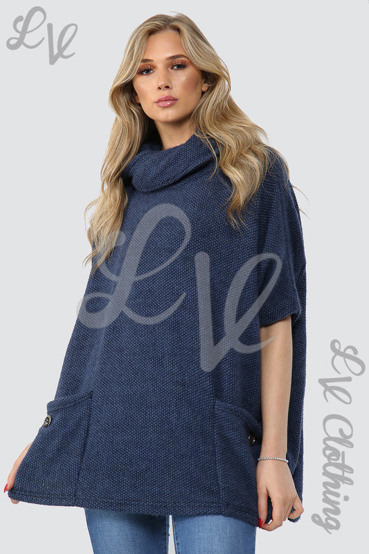 Navy cowl-neck jumper with front kangaroo pocket and short sleeves