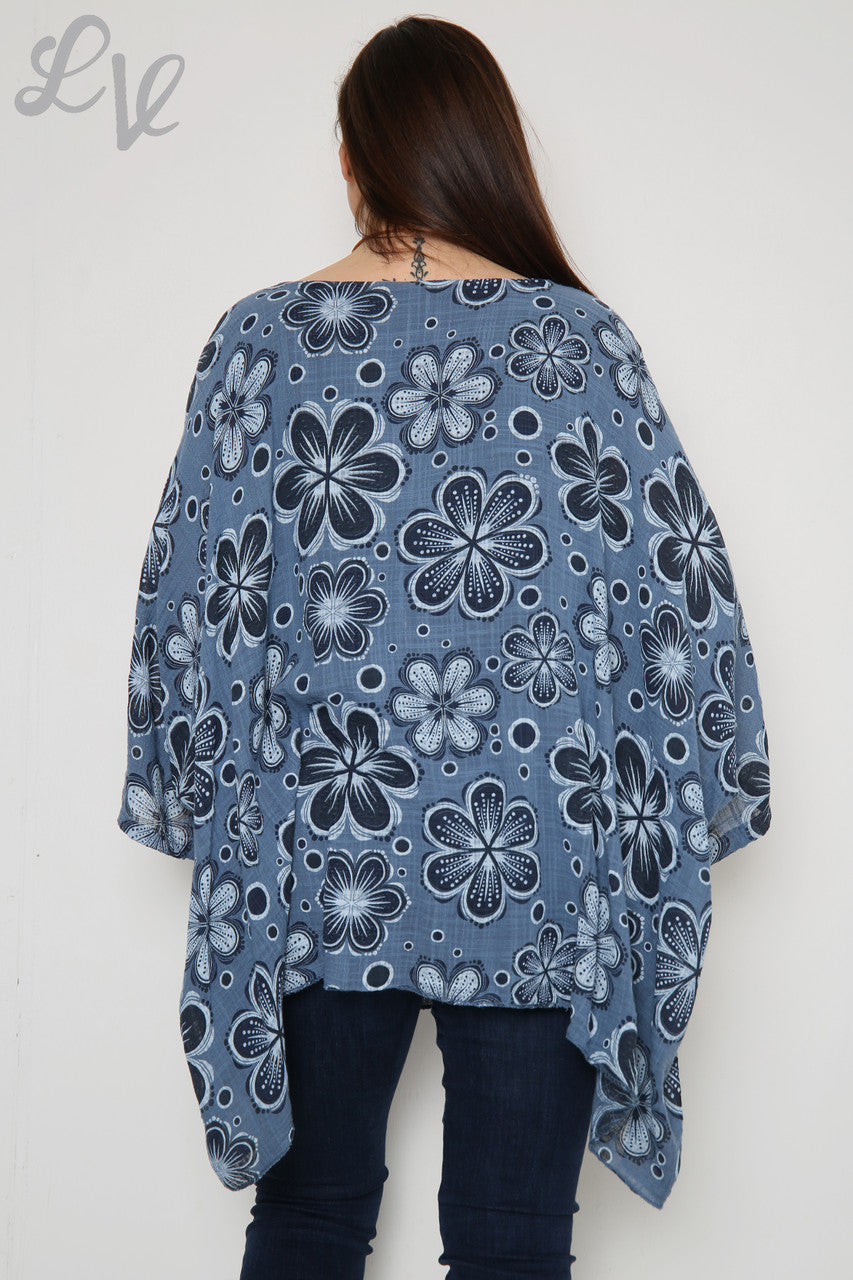 Ladies Flowers Print Batwing Top Denim