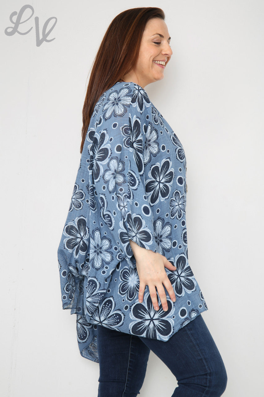 Ladies Flowers Print Batwing Top Denim