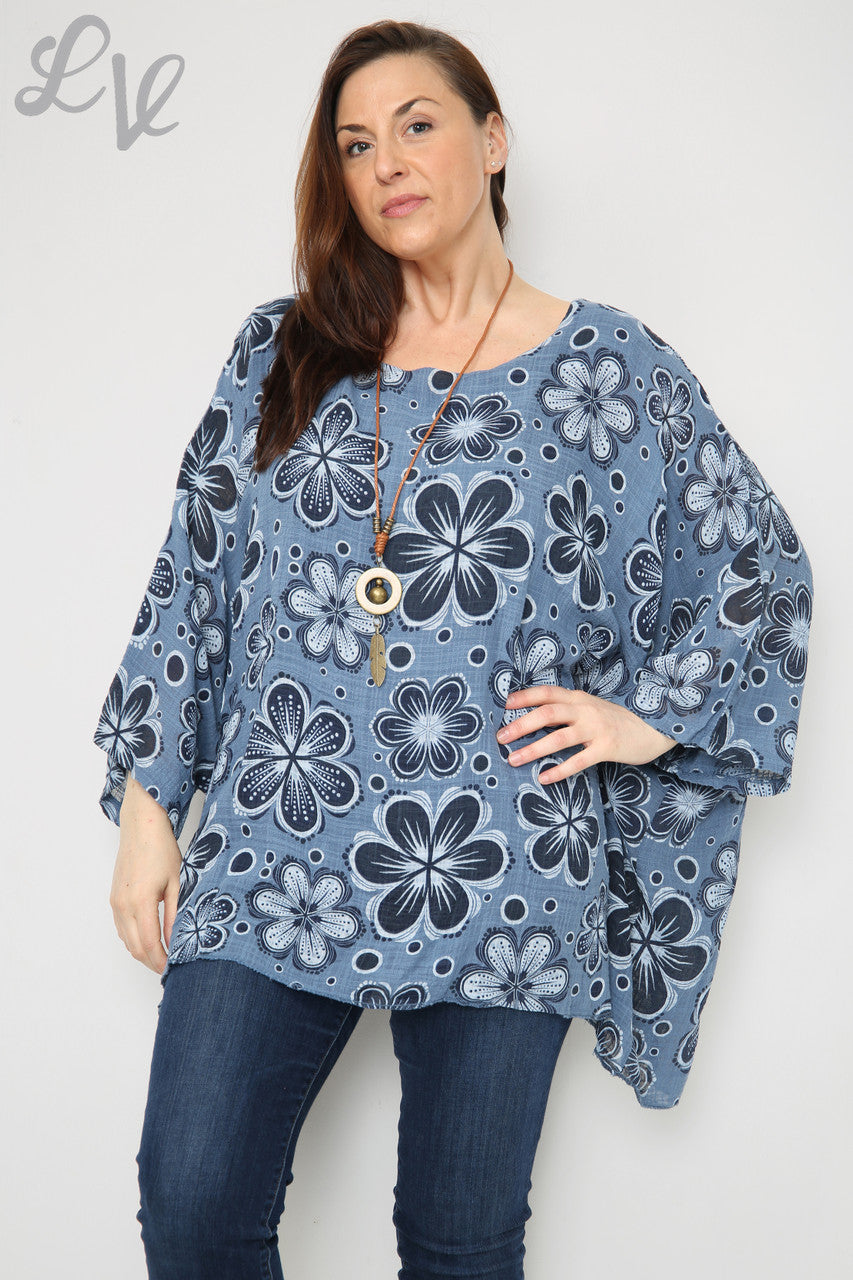 Ladies Flowers Print Batwing Top Denim