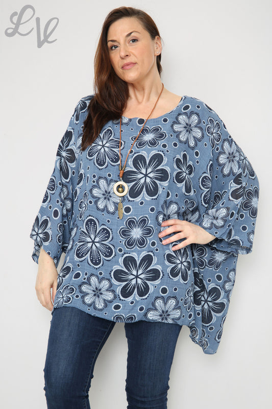 Ladies Flowers Print Batwing Top Denim