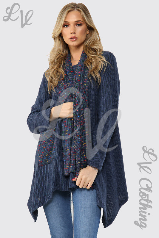Denim-blue knitted tunic jumper with scarf-like front and loose long sleeves