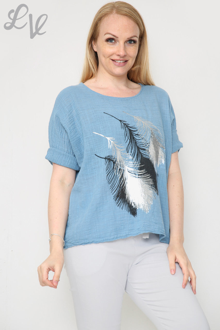 Dames Folie Blad Ontwerp Top Denim Stukprijs € 12,99