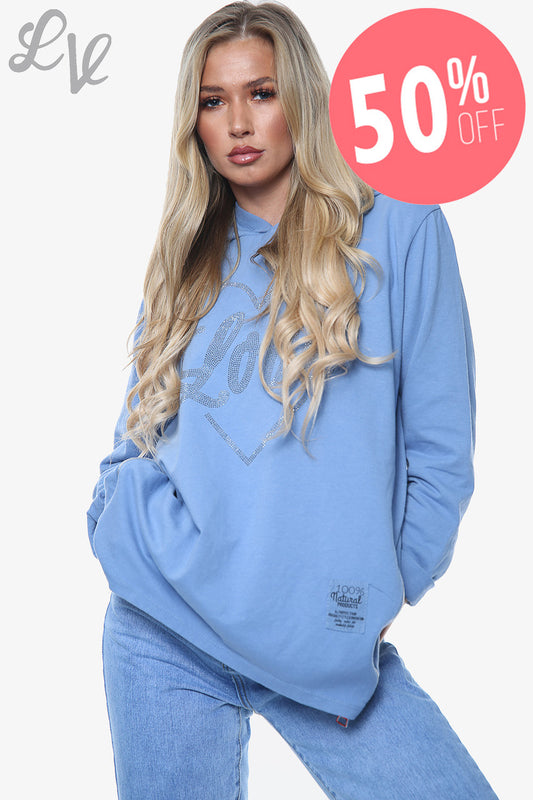 Ladies Dimante Love Heart Hooded Top Denim Unit Price WAS £14.99 NOW £7.49