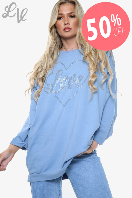 Ladies Dimante Love Heart Sweatshirt Top Denim Unit Price WAS £13.99 NOW £6.99