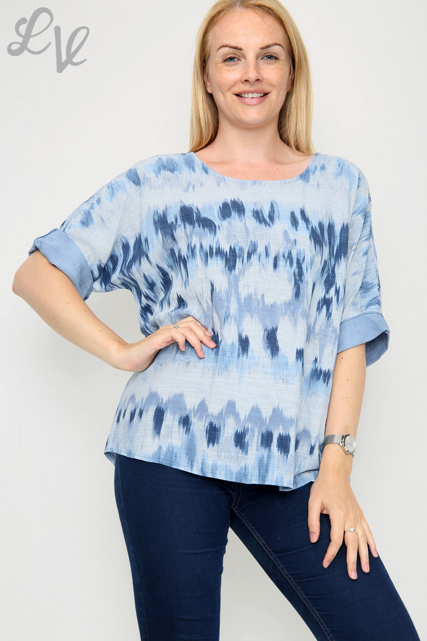 Dames Tie Dye Strepen Print Eenvoudige Top Denim Eenheidsprijs €7,99