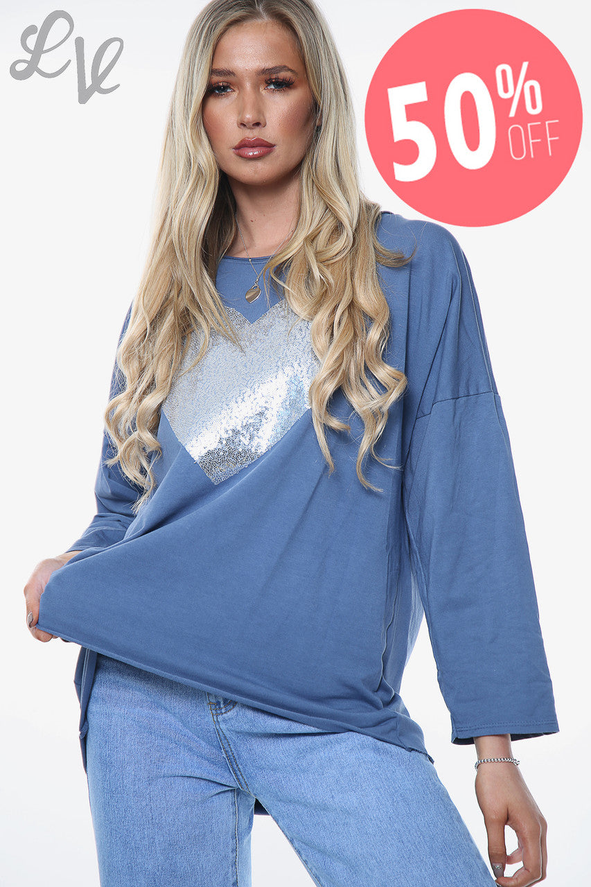 Ladies Sequin Shimmer Heart Top Denim Unit Price WAS £11.99 NOW £5.99