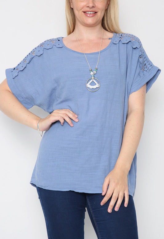 Copy of Copy of CUT OUT SHOULDER DETAIL WITH NECKLACE TOP DENIM