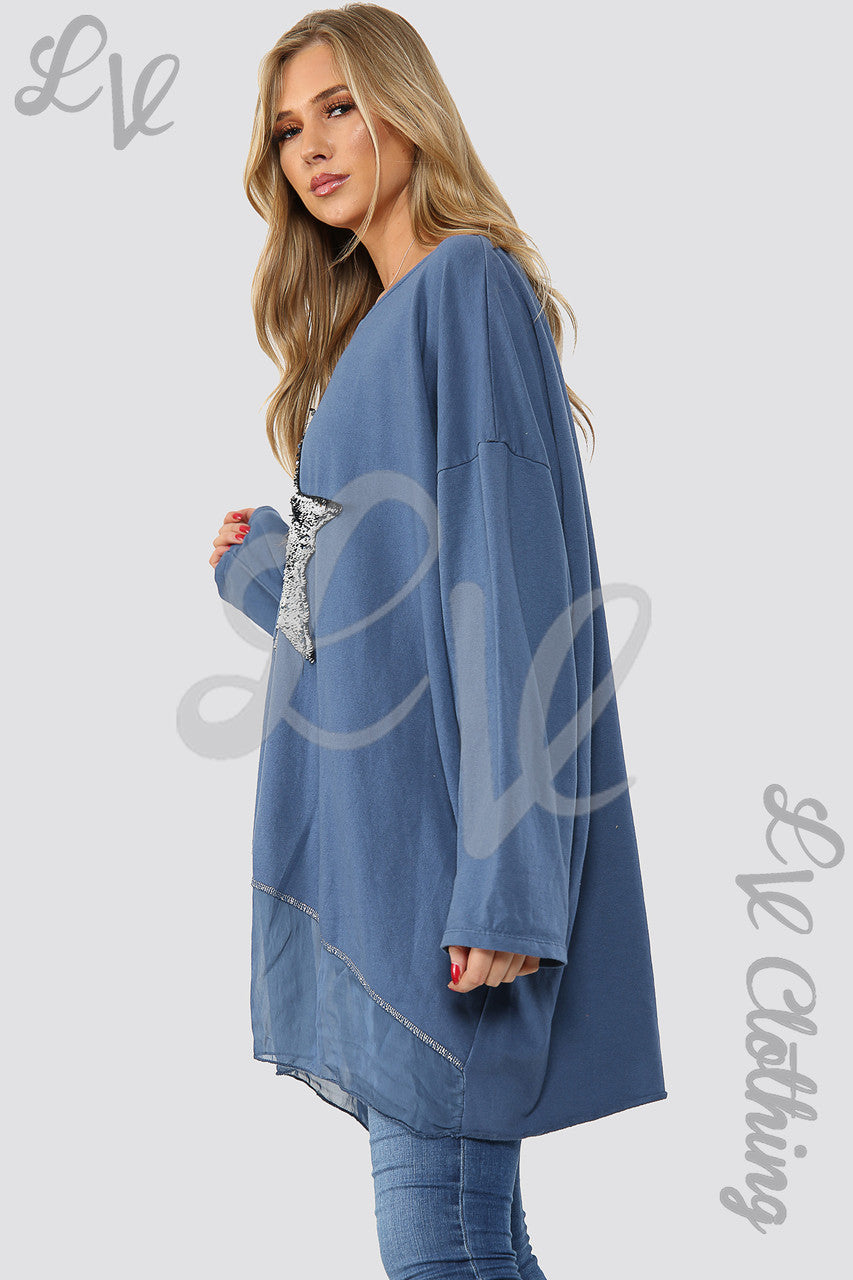 Ladies Silver Star Print Chiffon Hem Tunic Top Denim - Unit Price £12.99