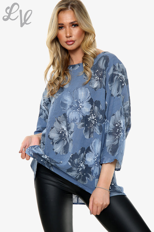 Ladies Flower Print Top With Necklace Denim - Unit Price £9.99
