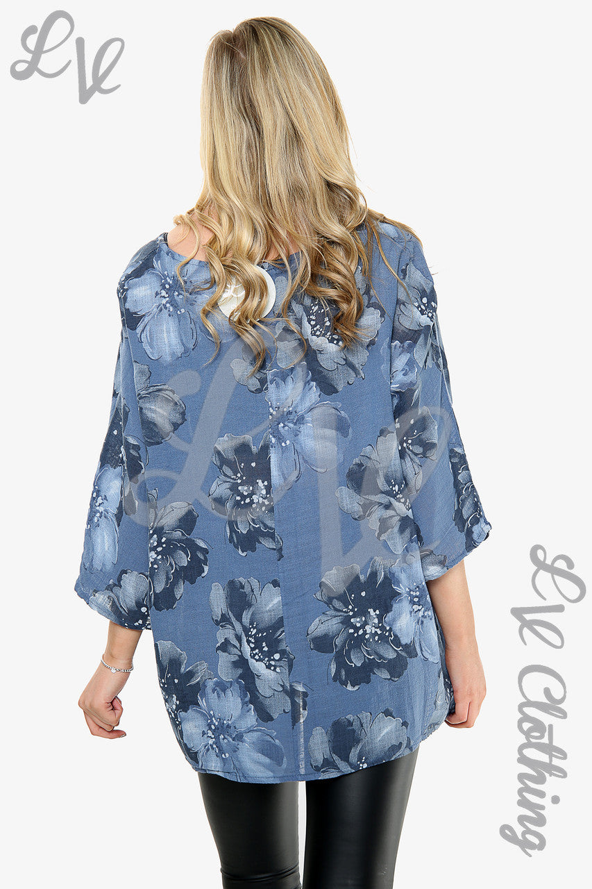 Damesbloementop met ketting en denim - Prijs per stuk €9,99