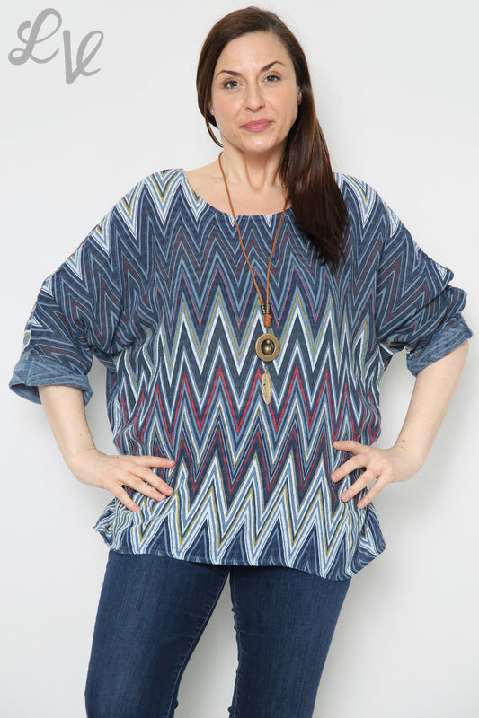 Ladies Zig Zag Print Top With Necklace Denim Unit Price £8.99