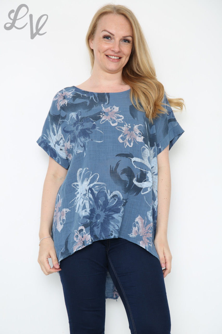 Dames Bloemen Abstracte Print Top Denim