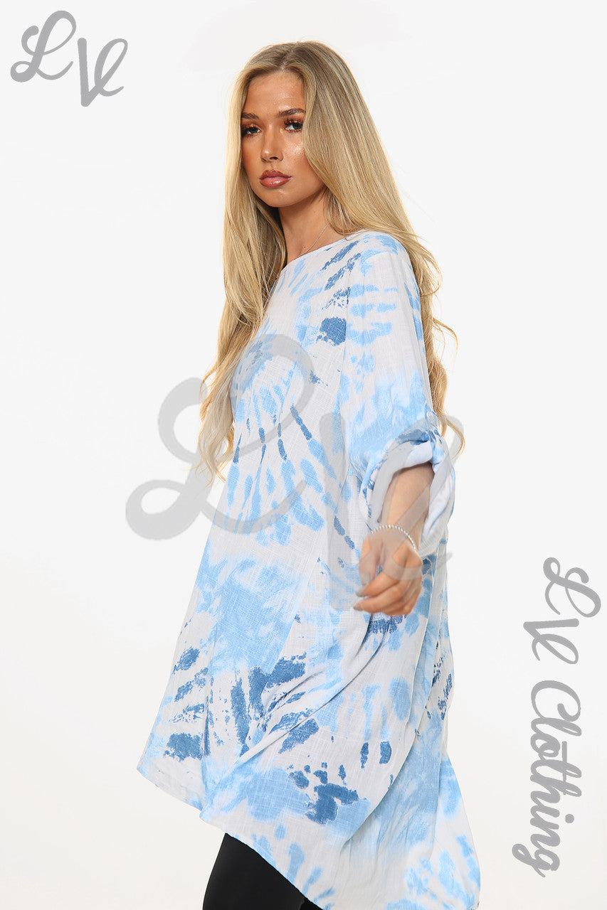 Dames Tie Dye Tunic Top Met Wervelprint En Knoopsluiting Achteraan Denim Stukprijs € 10,99