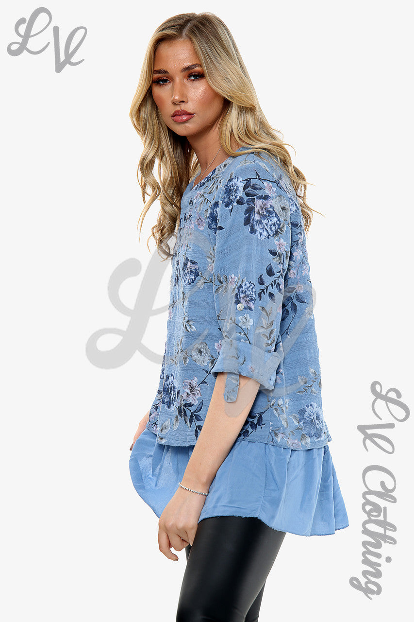 Dames Top Met Bloemenprint En Ruches Aan De Onderkant Spijkerstof Stukprijs WAS €12,99 NU €6,49