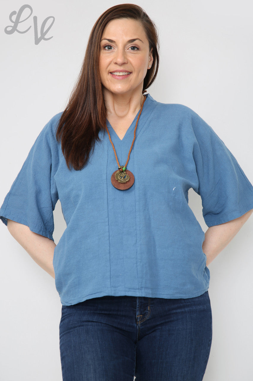 Dames Linnen Effen V-hals Top Met Ketting Denim Prijs per stuk €9,99