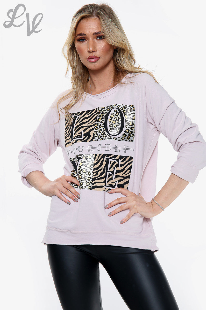 Dames 'Love yourself' Grafische Top Oudroze Prijs WAS £11.99 NU £5.99